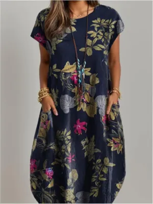 TIAFORD Women Casual Floral Print Short Sleeve Loose Midi Dress Cotton Linen Boho Beach Flowy Tunic Tshirt Dress with Pocket