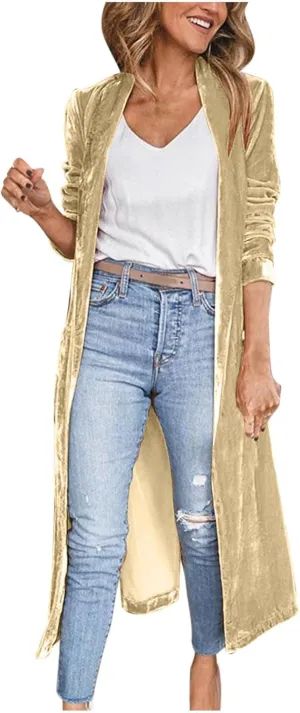 TIMIFIS Velvet Trench Coat Women Plus Size Winter Jackets Fashion Lightweight Jacket Open Front Long Cardigan with Pocket