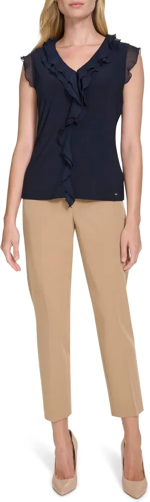 Tommy Hilfiger Women's Sleeveless Mix Media Ruffle Front Blouse