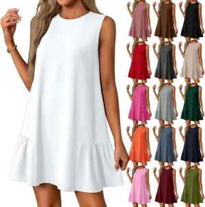 Tshirt Dress Women Summer Sleeveless Ruffle Hem Mini Dress Casual Crewneck T Shirt Dresses Cute Plain Sundresses 2025
