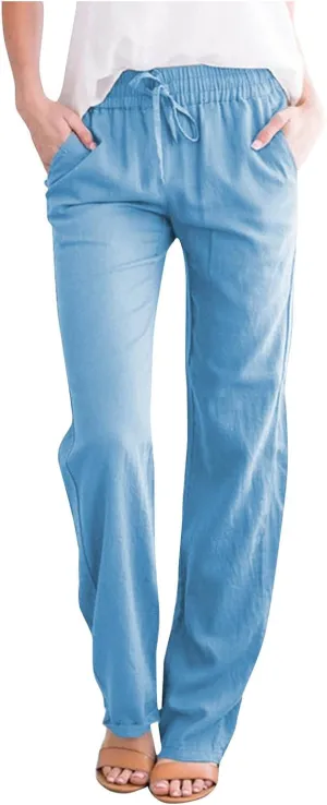 tuduoms Women Linen Casual Pants Summer Fashion Solid Elastic High Wasited Straight Pants Comfy Beach Trousers with Pockets