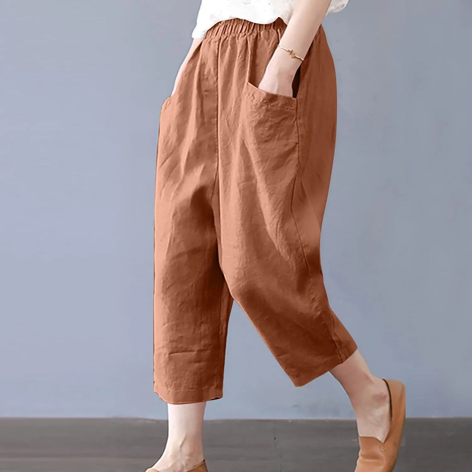 tuduoms Women's Plus Size Baggy Capris for Summer Linen Harem Pants Hippie Lounge Pants Lightweight Loose Fit Yoga Trousers