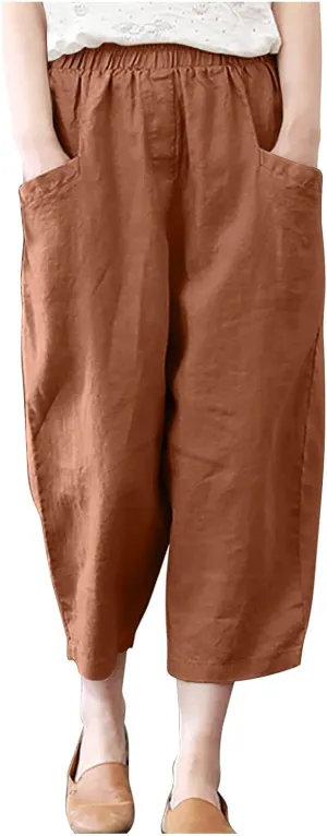 tuduoms Women's Plus Size Baggy Capris for Summer Linen Harem Pants Hippie Lounge Pants Lightweight Loose Fit Yoga Trousers