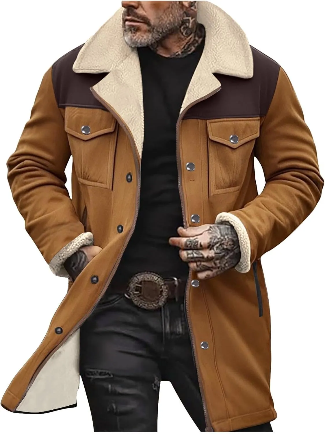 Uillui Shearling Coat Men Thickened Warm Fleece Suede Leather Trench Coats Winter Long Trench Coats Outdoor Sherpa Jacket