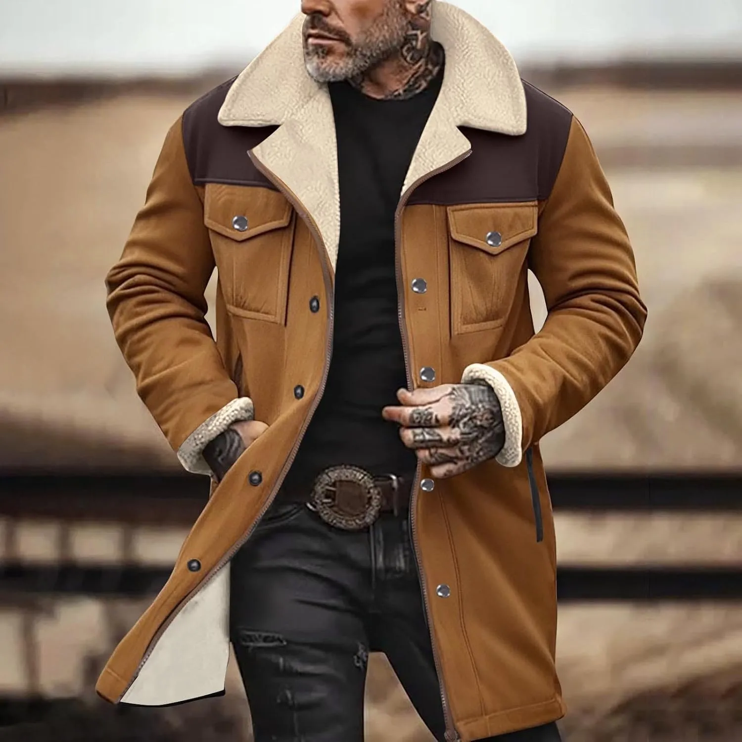 Uillui Shearling Coat Men Thickened Warm Fleece Suede Leather Trench Coats Winter Long Trench Coats Outdoor Sherpa Jacket