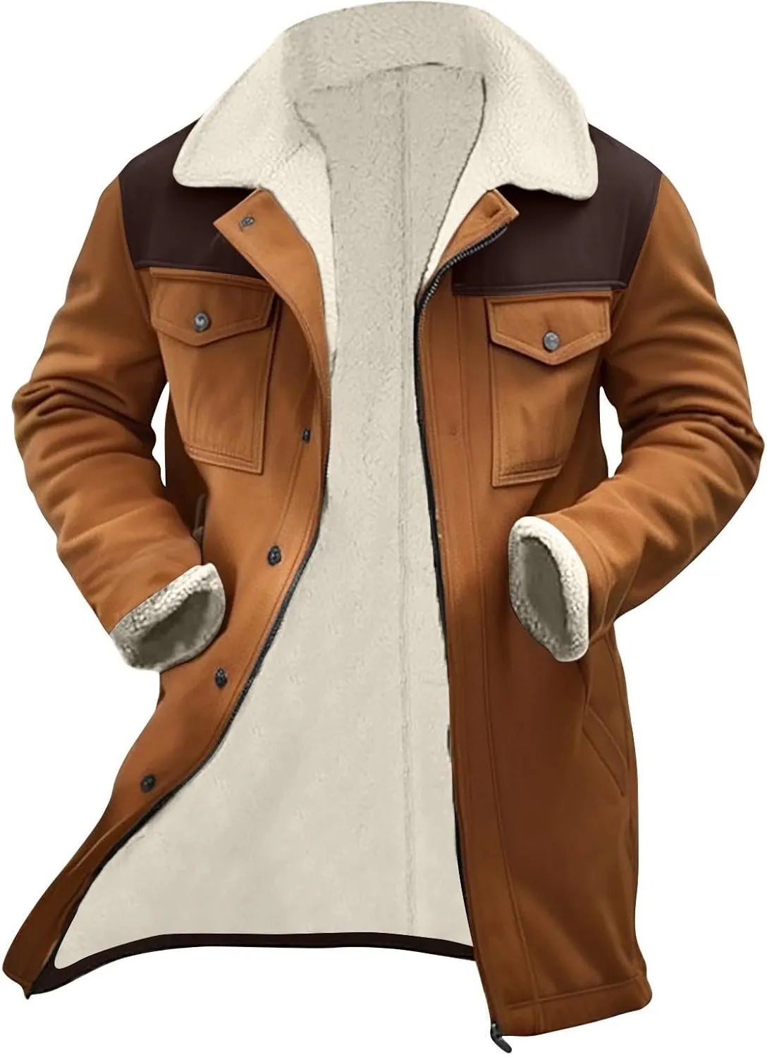 Uillui Shearling Coat Men Thickened Warm Fleece Suede Leather Trench Coats Winter Long Trench Coats Outdoor Sherpa Jacket