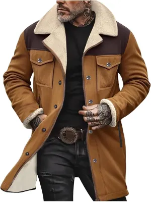 Uillui Shearling Coat Men Thickened Warm Fleece Suede Leather Trench Coats Winter Long Trench Coats Outdoor Sherpa Jacket