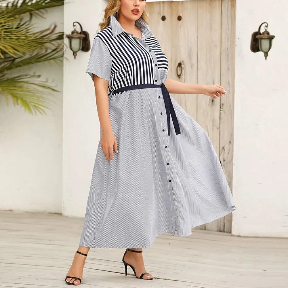 utcoco Womens 2025 Summer Stripes Short Sleeve Midi Dress Oversized Tie Waist Button Down Shirt Dress Plus Size
