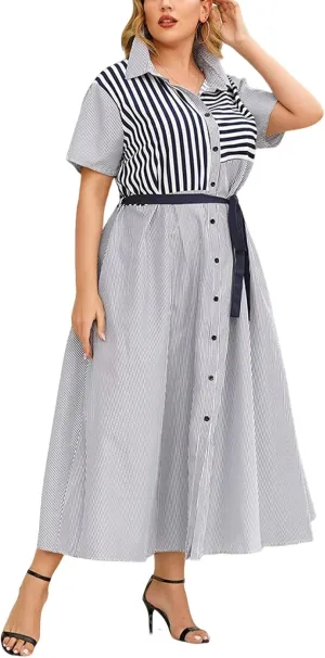 utcoco Womens 2025 Summer Stripes Short Sleeve Midi Dress Oversized Tie Waist Button Down Shirt Dress Plus Size