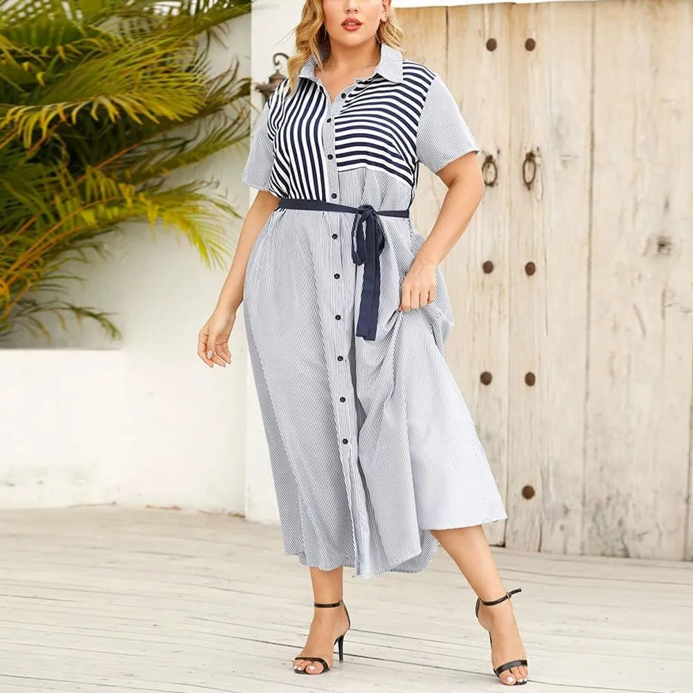 utcoco Womens 2025 Summer Stripes Short Sleeve Midi Dress Oversized Tie Waist Button Down Shirt Dress Plus Size