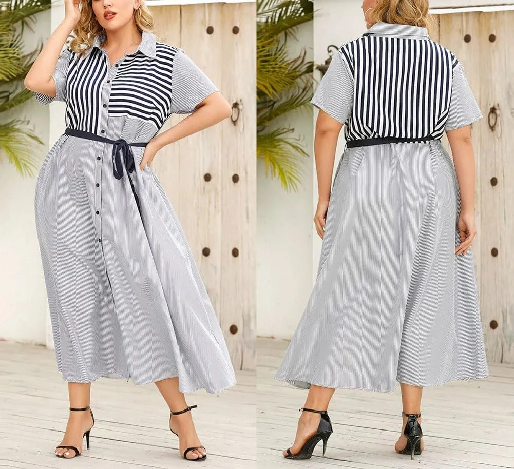 utcoco Womens 2025 Summer Stripes Short Sleeve Midi Dress Oversized Tie Waist Button Down Shirt Dress Plus Size
