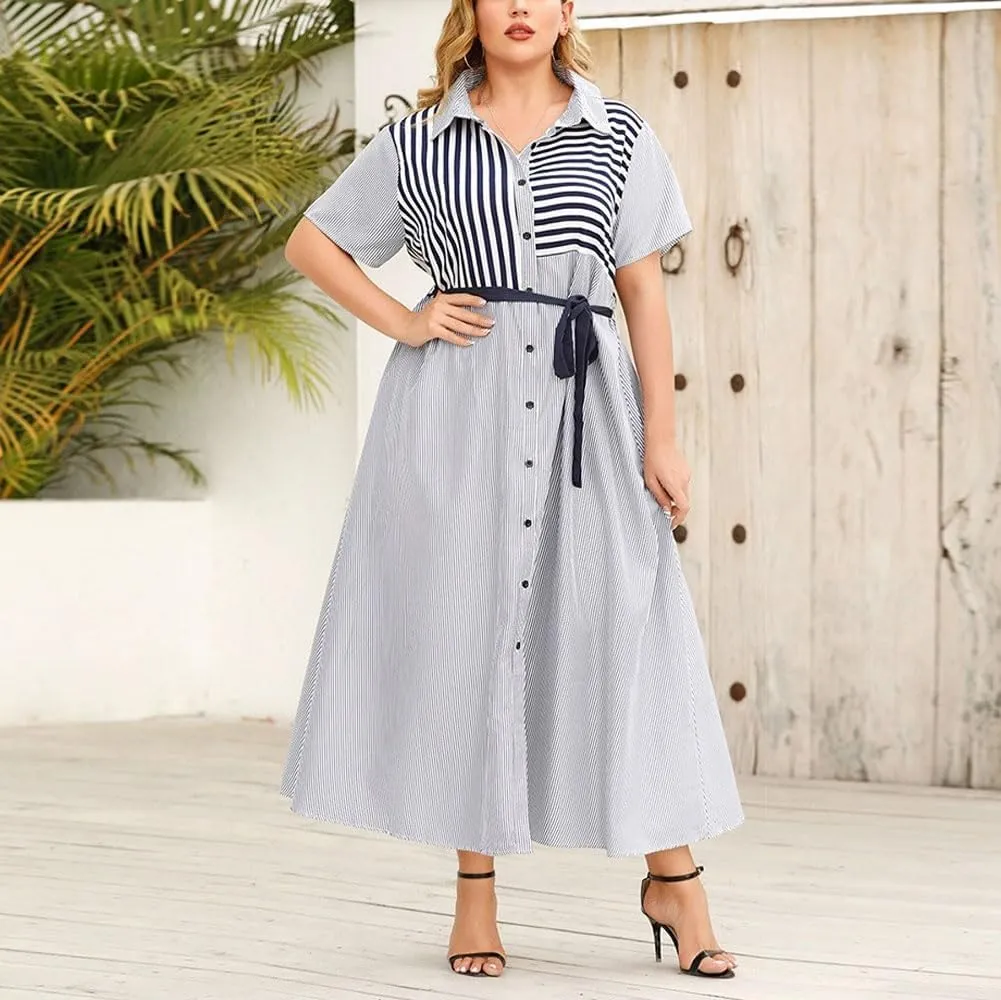 utcoco Womens 2025 Summer Stripes Short Sleeve Midi Dress Oversized Tie Waist Button Down Shirt Dress Plus Size
