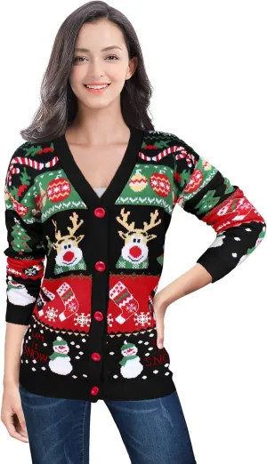 v28 Ugly Christmas Sweater for Women Reindeer Funny Merry Knit Sweaters Cardigan