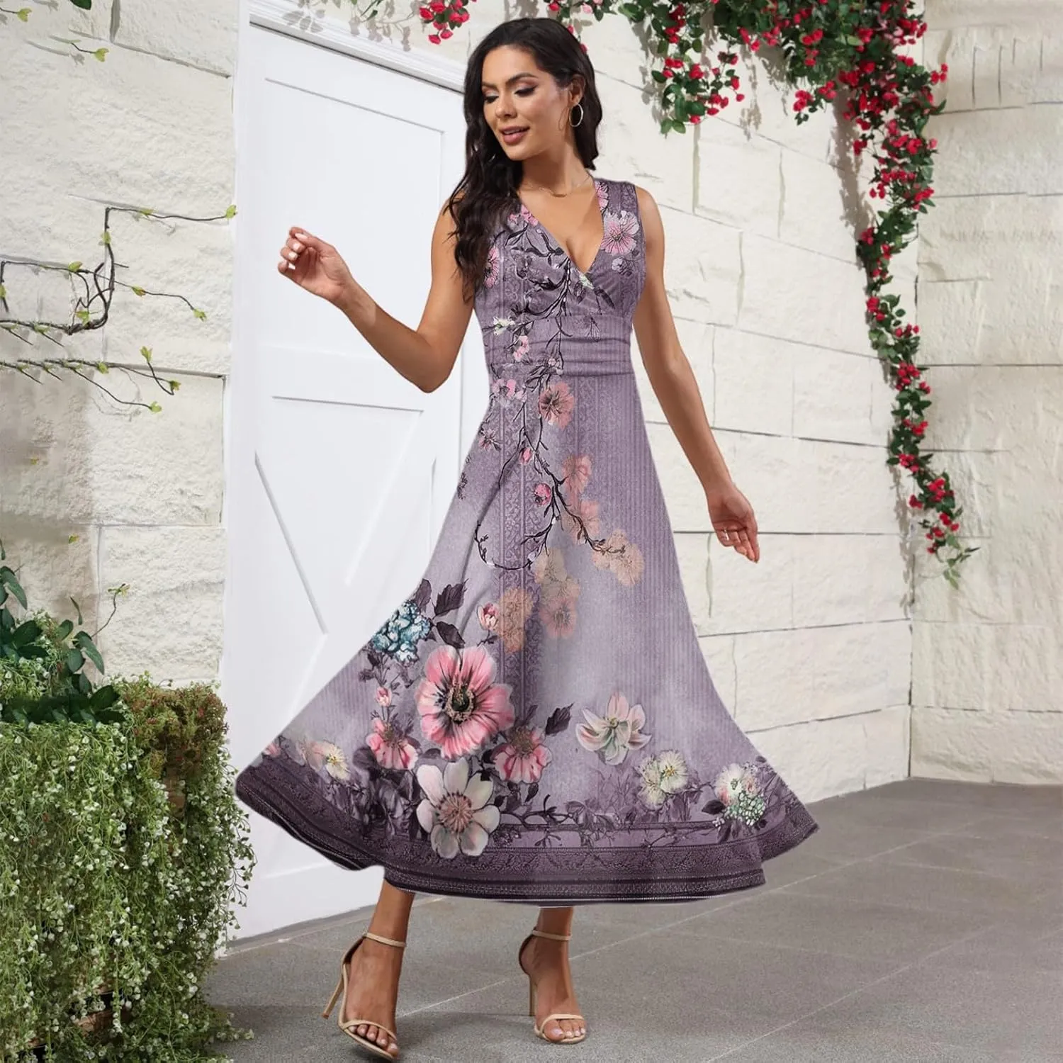 Vacation Dresses for Women 2025 Summer Beach Plus Size V-Neck Sleeveless Fashion Flowy Floral Printing Long Dress Blues
