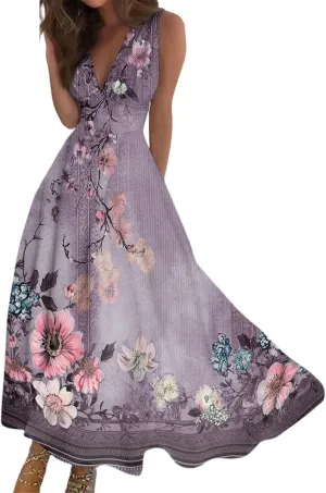Vacation Dresses for Women 2025 Summer Beach Plus Size V-Neck Sleeveless Fashion Flowy Floral Printing Long Dress Blues