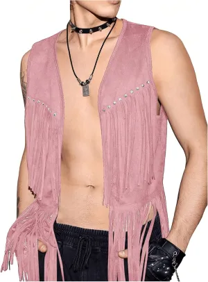 Verdusa Men's Sleeveless V Neck Studded Detail Fringe Trim Open Front Vest Jacket