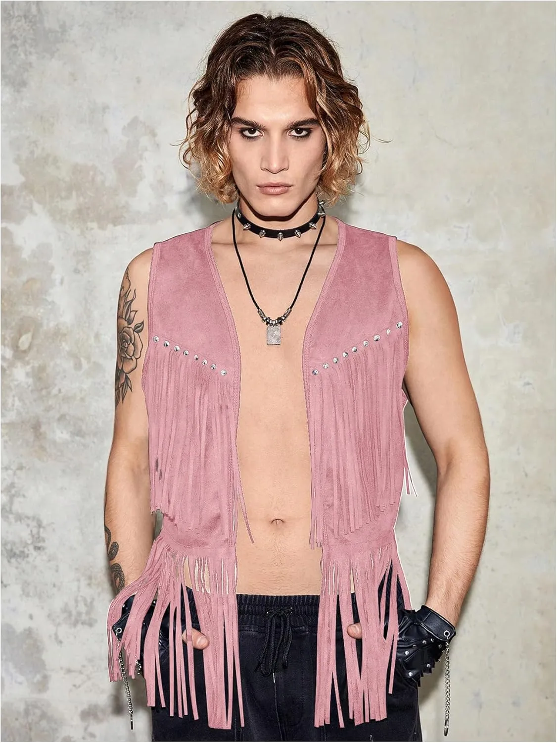 Verdusa Men's Sleeveless V Neck Studded Detail Fringe Trim Open Front Vest Jacket