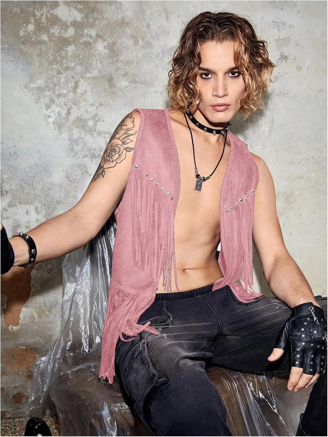 Verdusa Men's Sleeveless V Neck Studded Detail Fringe Trim Open Front Vest Jacket