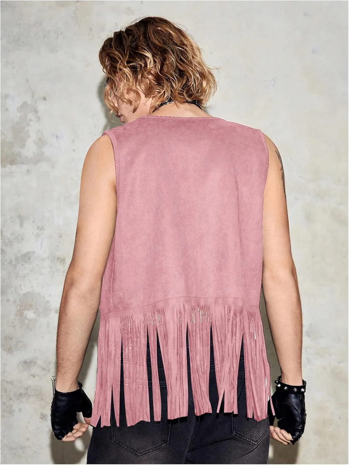 Verdusa Men's Sleeveless V Neck Studded Detail Fringe Trim Open Front Vest Jacket