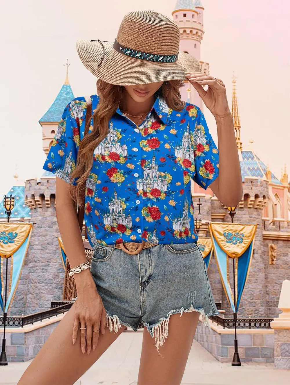 VILOVE Magical Shirt for Women Magic Hawaiian Shirts Princess Tshirt Funny Castle Graphic Family Vacation Button Up Tops
