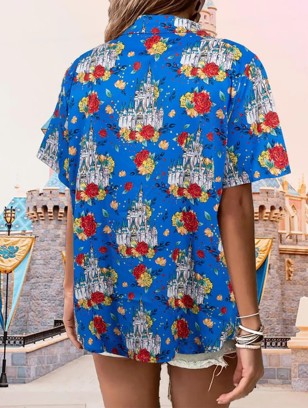 VILOVE Magical Shirt for Women Magic Hawaiian Shirts Princess Tshirt Funny Castle Graphic Family Vacation Button Up Tops