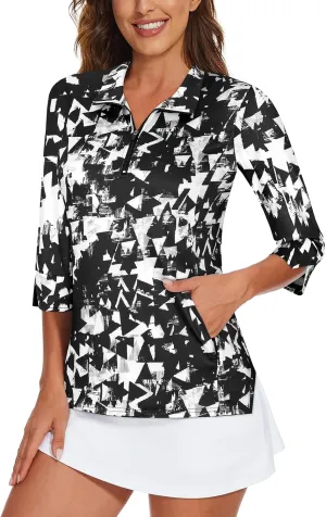 Viracy Women's Golf Shirts 3/4 Sleeve Sun Protection Quarter Zip with Zipper Pockets Athletic Polo Workout Tops S-2XL
