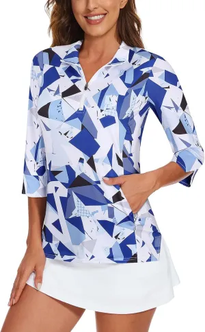 Viracy Women's Golf Shirts 3/4 Sleeve Sun Protection Quarter Zip with Zipper Pockets Athletic Polo Workout Tops S-2XL