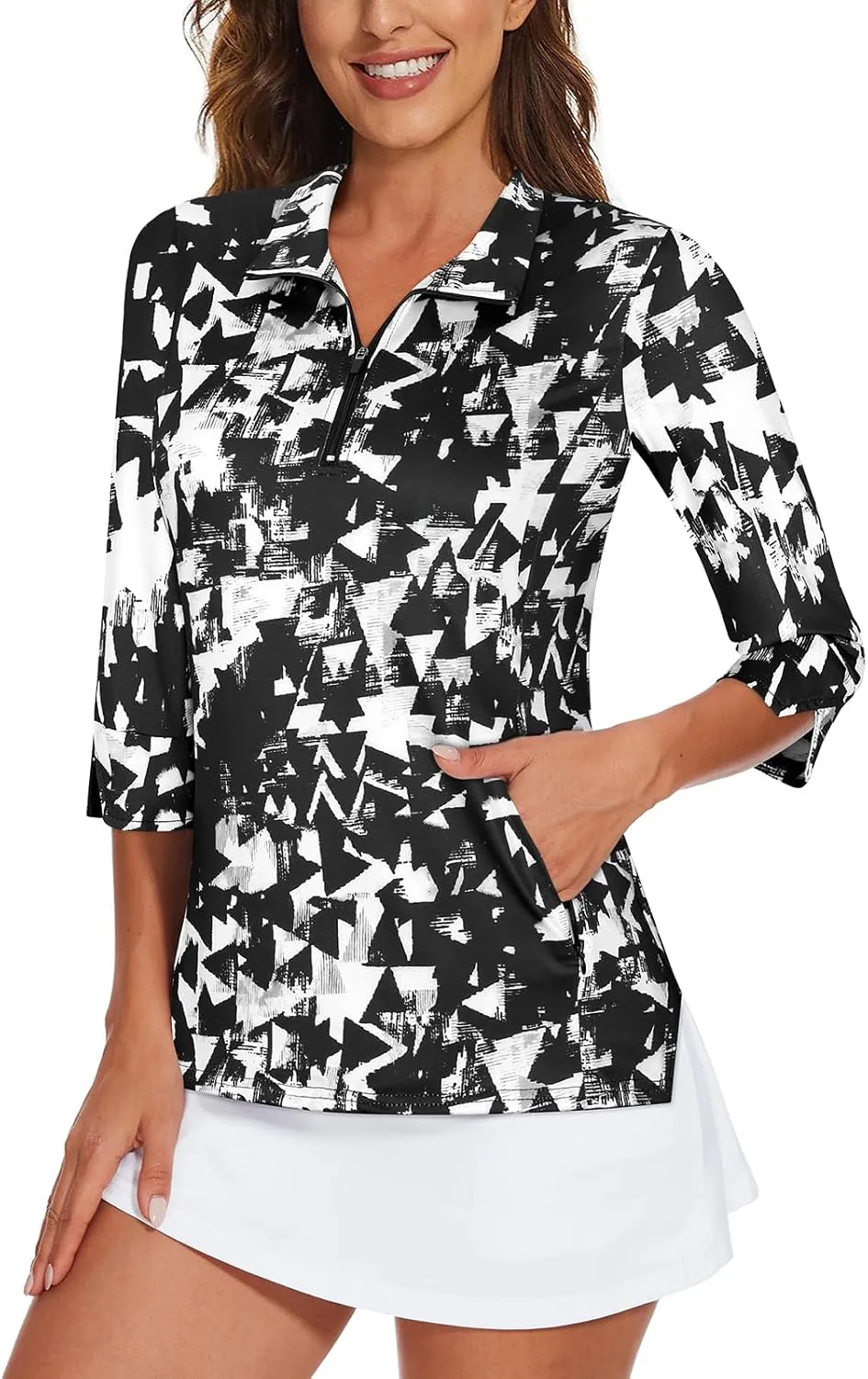 Viracy Women's Golf Shirts 3/4 Sleeve Sun Protection Quarter Zip with Zipper Pockets Athletic Polo Workout Tops S-2XL