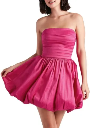 VOfuter Womens Strapless Mini Skater Dresses Satin A Line Homecoming Dress Bubble Hem Pleated High Waist Short Cocktail Dress