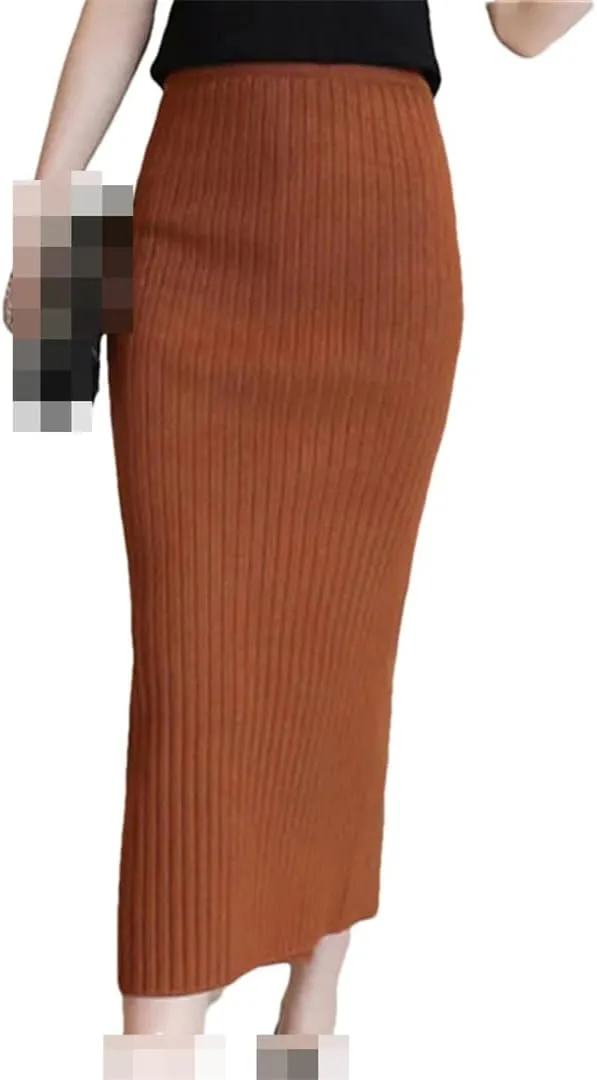 Vsadsau Women's Autumn Winter Knitted Wool Midi Skirt Autumn and Winter Belt Office Pencil Skirts