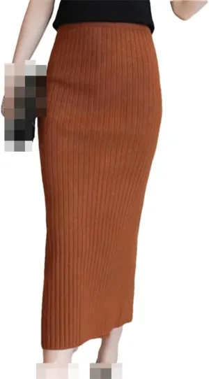 Vsadsau Women's Autumn Winter Knitted Wool Midi Skirt Autumn and Winter Belt Office Pencil Skirts
