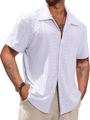 Vssjavun Mens Short Sleeve Button Down Shirts Casual Hollow Out Summer Beach Shirt