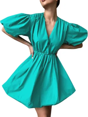 Western Tshirt Dress Women 1950S Elegant Puff Sleeve Swing Empire Waist Mini Ruched Dresses Wedding Beach Vacation Clothes