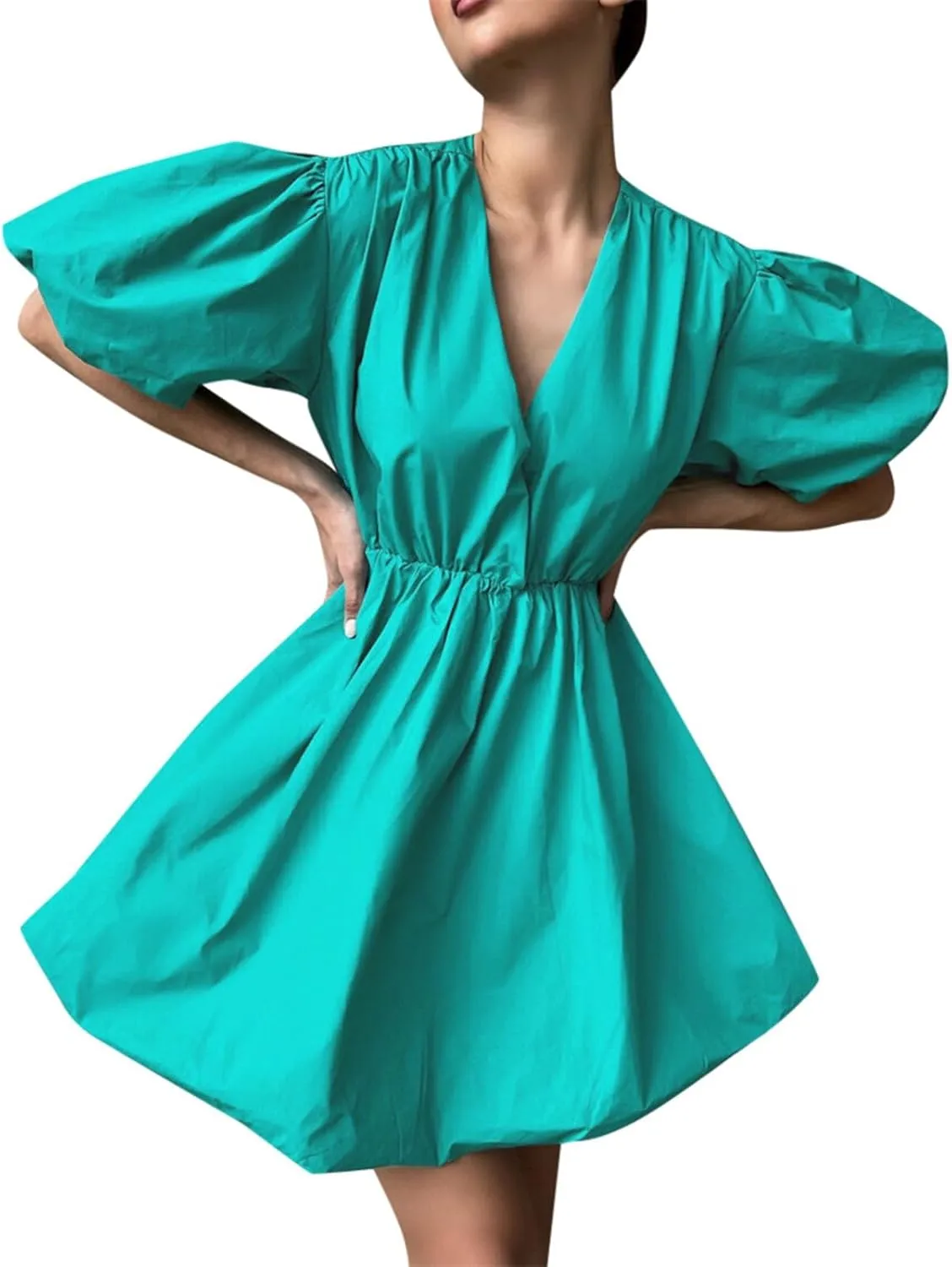 Western Tshirt Dress Women 1950S Elegant Puff Sleeve Swing Empire Waist Mini Ruched Dresses Wedding Beach Vacation Clothes