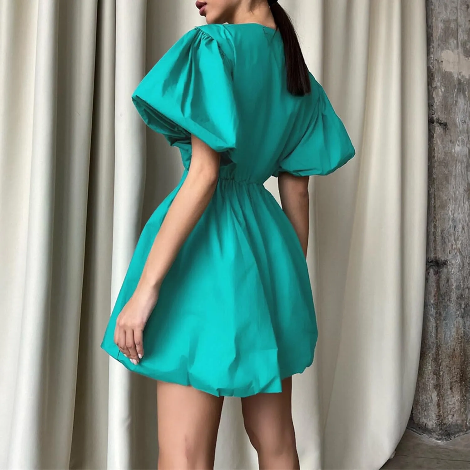 Western Tshirt Dress Women 1950S Elegant Puff Sleeve Swing Empire Waist Mini Ruched Dresses Wedding Beach Vacation Clothes