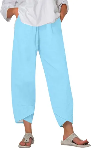 Wide Leg Linen Pants for Women Capri Summer Pants Palazzo Lounge Elastic Waist Cropped Beach Trousers with Pockets