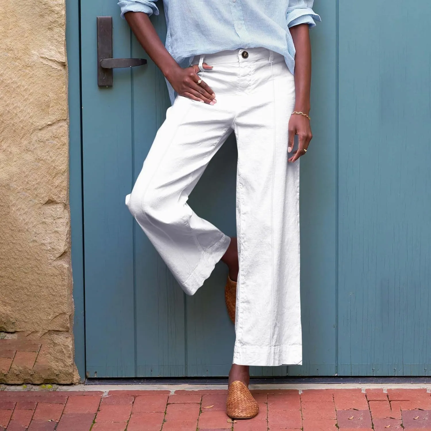 Wide Leg Linen Pants for Women Elastic High Waist Cropped Pants Lightweight Summer Business Casual Pants with Pockets