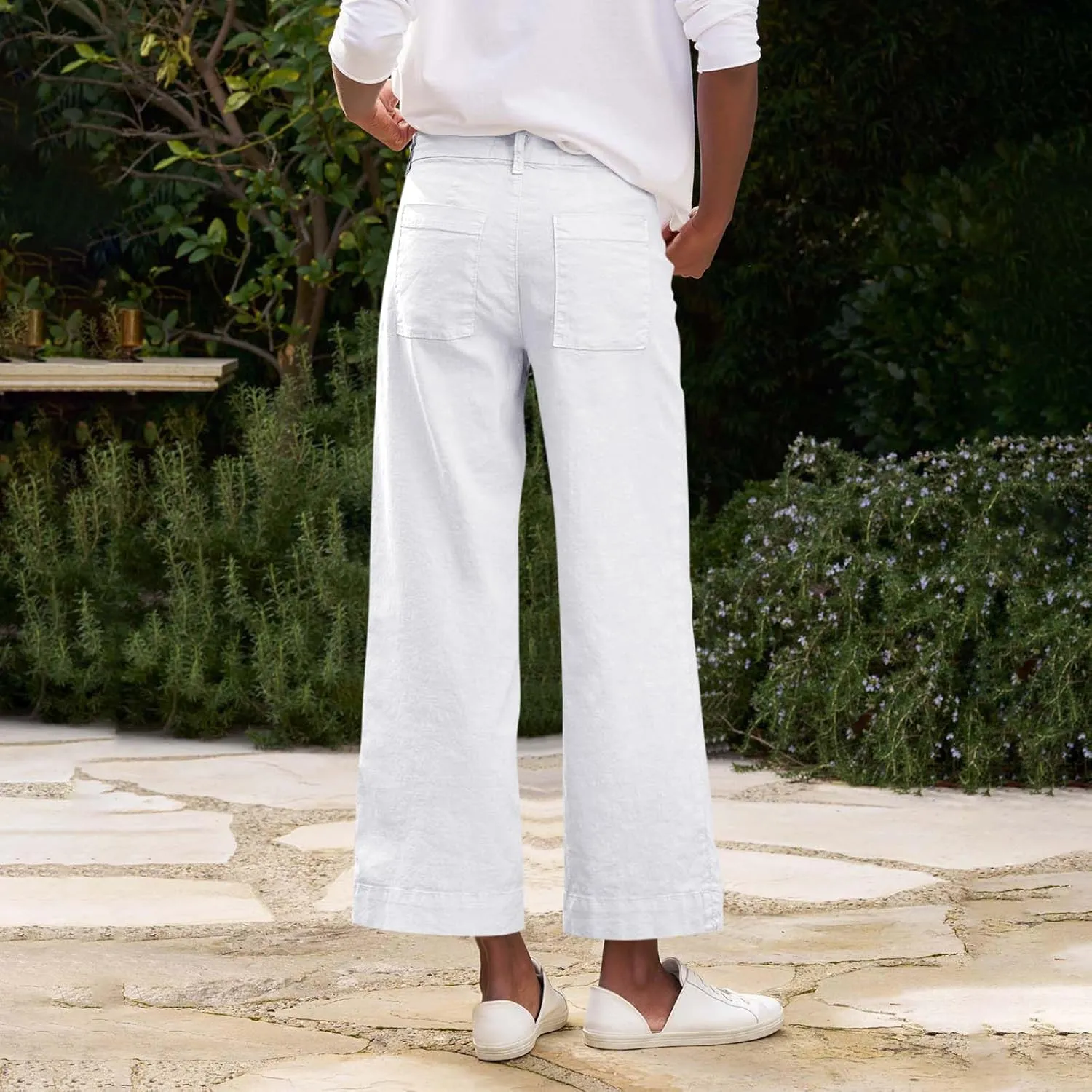 Wide Leg Linen Pants for Women Elastic High Waist Cropped Pants Lightweight Summer Business Casual Pants with Pockets
