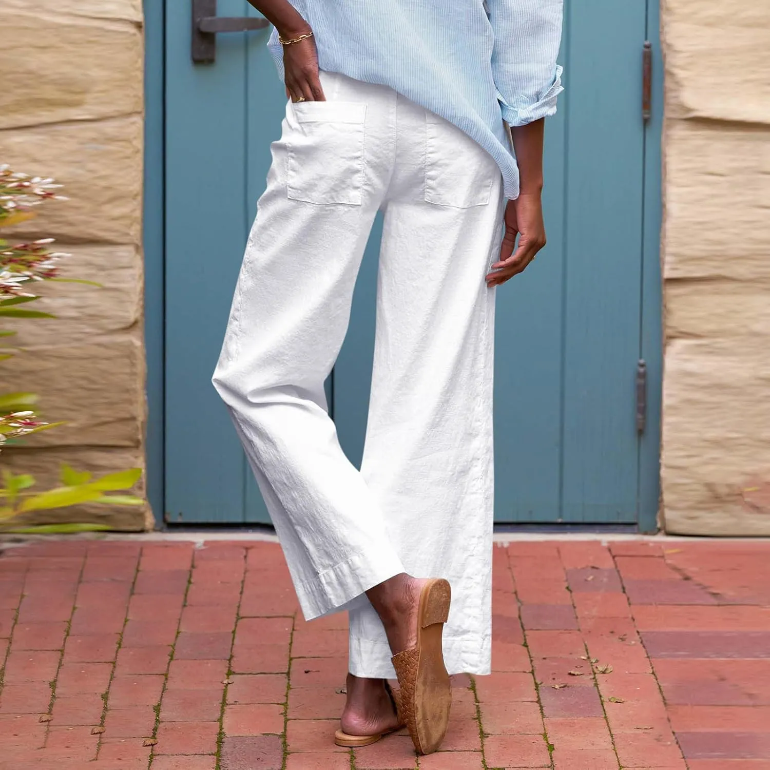 Wide Leg Linen Pants for Women Elastic High Waist Cropped Pants Lightweight Summer Business Casual Pants with Pockets