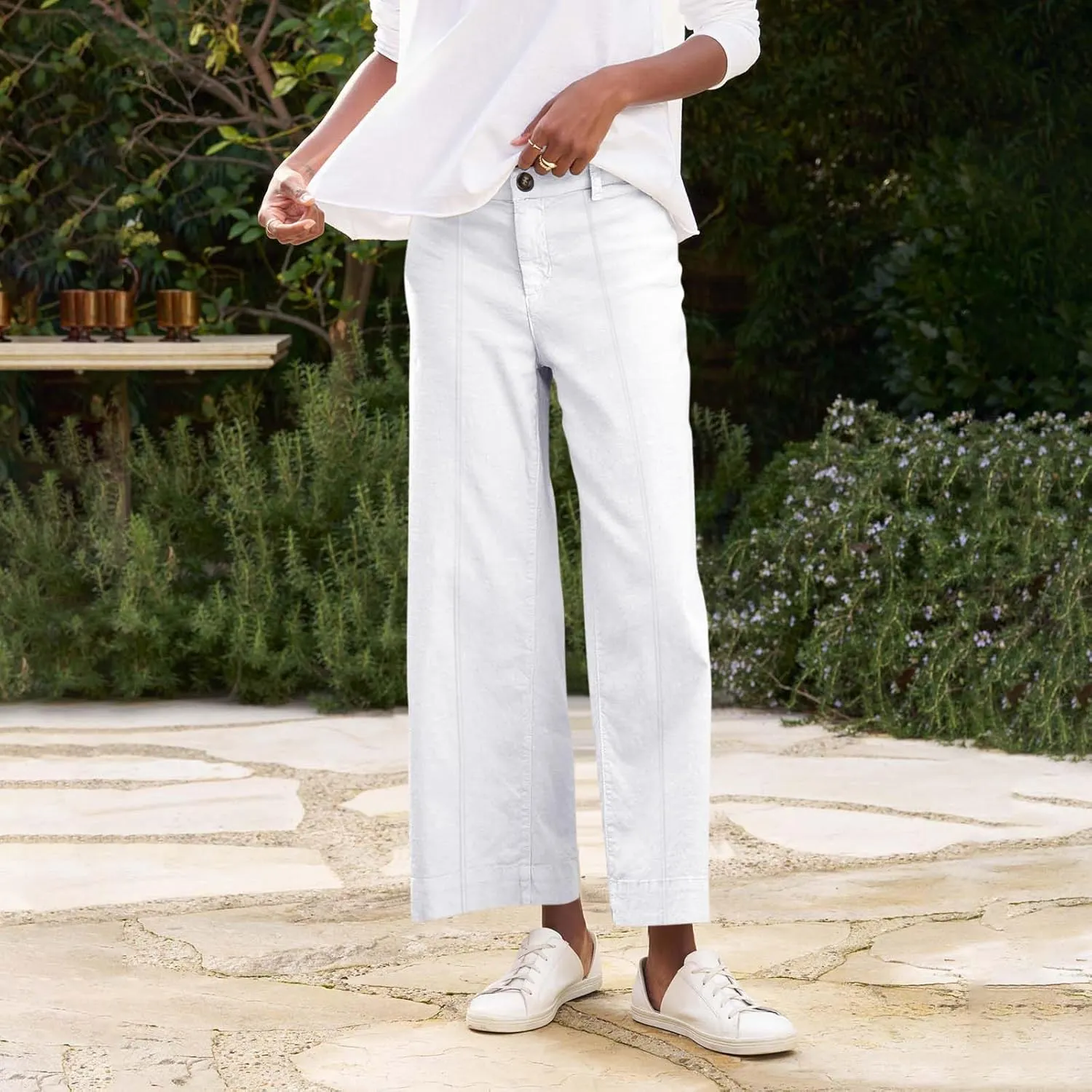 Wide Leg Linen Pants for Women Elastic High Waist Cropped Pants Lightweight Summer Business Casual Pants with Pockets