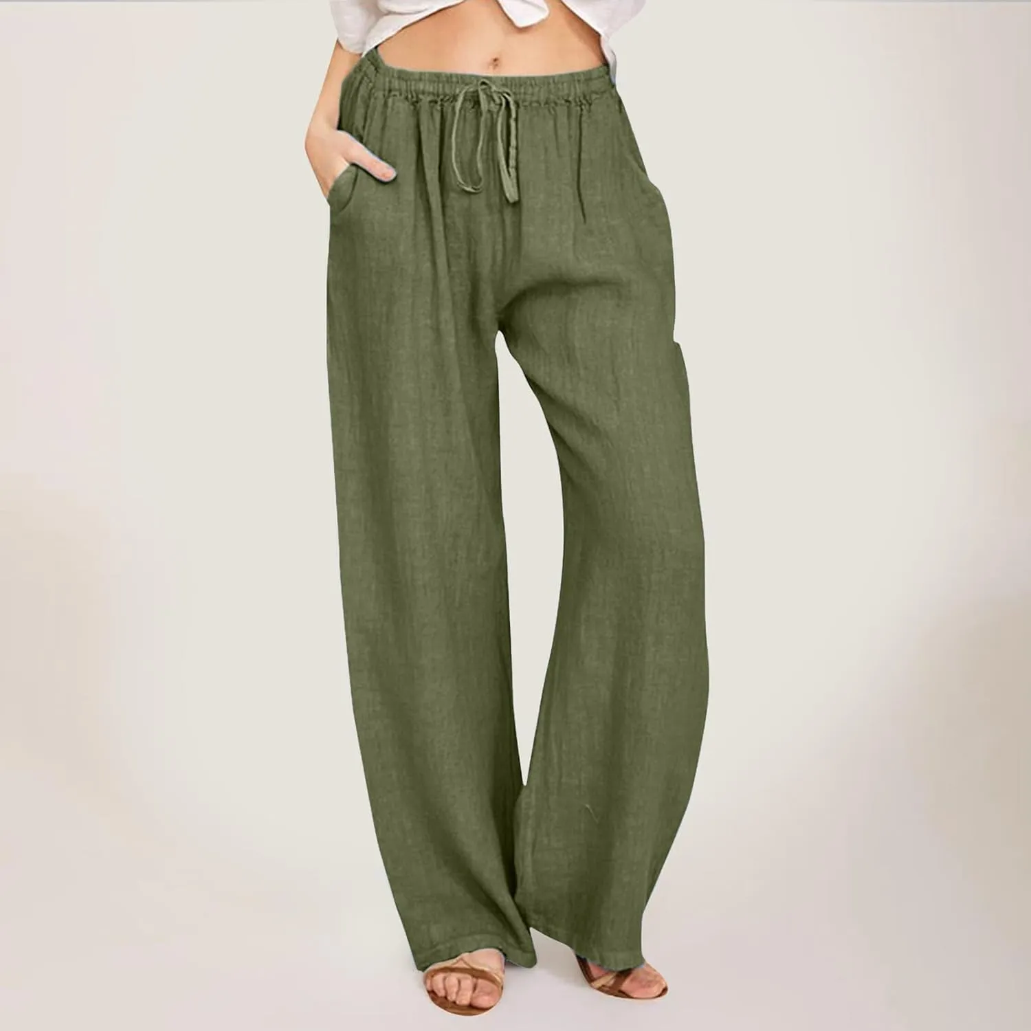 Wide Leg Linen Pants for Women Plus Size Summer Pants Flowy Drawstring Wide Leg Pants High Waisted Palazzo Pant Yoga Trousers