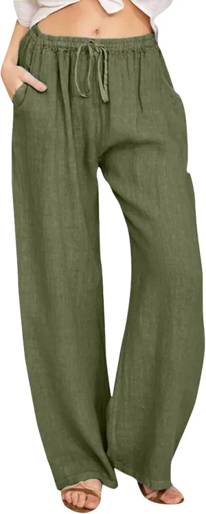 Wide Leg Linen Pants for Women Plus Size Summer Pants Flowy Drawstring Wide Leg Pants High Waisted Palazzo Pant Yoga Trousers