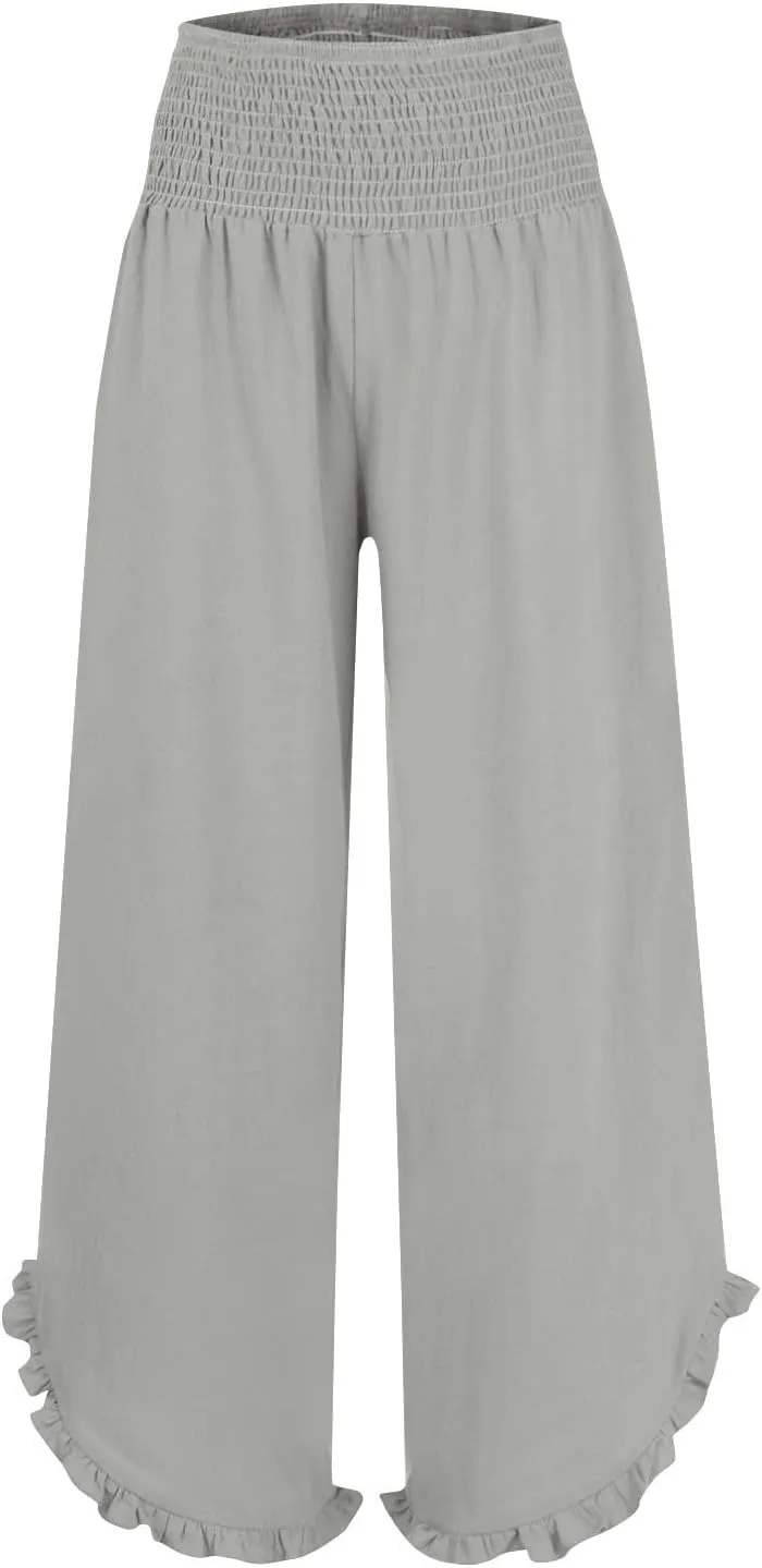 Wide Leg Linen Pants for Women Smocked High Waisted Palazzo Pants Lightweight Pleated Ruffle Hem Baggy Lounge Pants