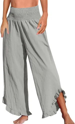 Wide Leg Linen Pants for Women Smocked High Waisted Palazzo Pants Lightweight Pleated Ruffle Hem Baggy Lounge Pants
