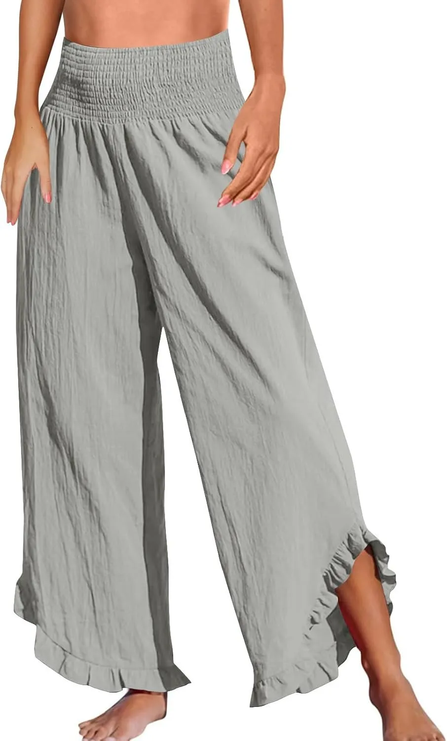 Wide Leg Linen Pants for Women Smocked High Waisted Palazzo Pants Lightweight Pleated Ruffle Hem Baggy Lounge Pants