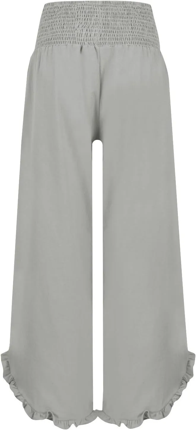 Wide Leg Linen Pants for Women Smocked High Waisted Palazzo Pants Lightweight Pleated Ruffle Hem Baggy Lounge Pants