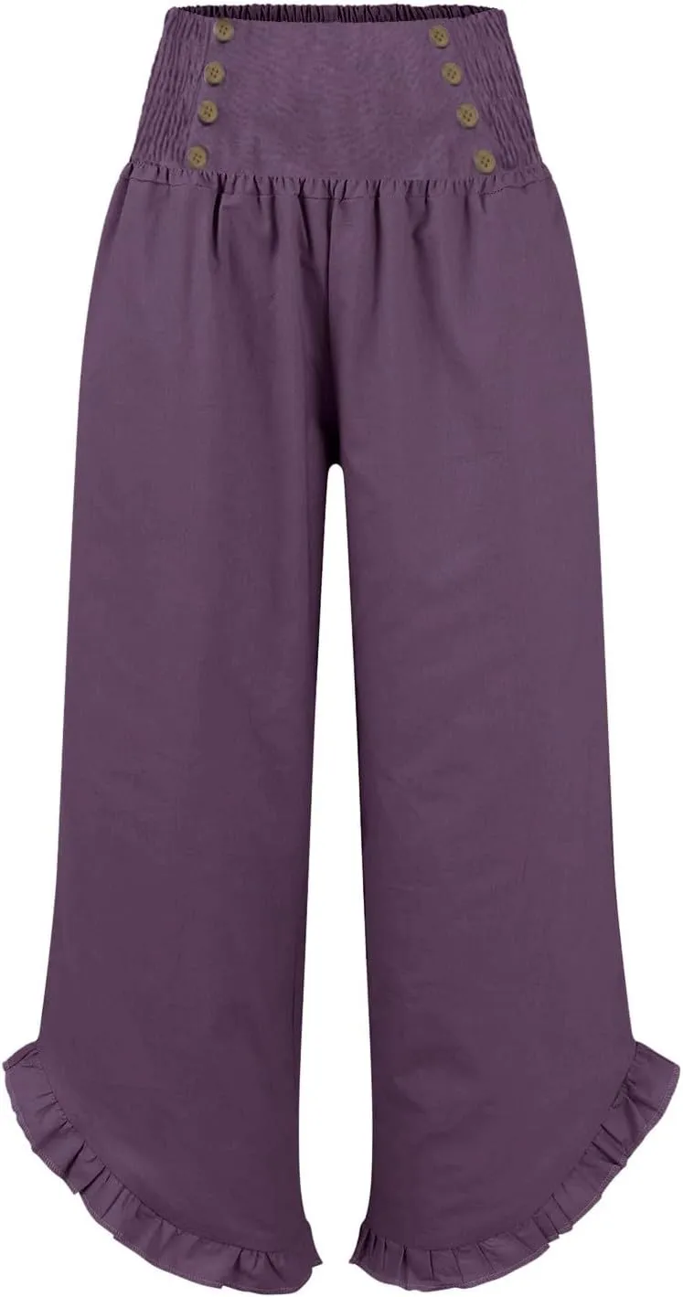 Wide Leg Linen Pants for Women Smocked Waist Straight Leg Ruffle Cuffs Loose Fit Palazzo Pant Casual Boho Beach
