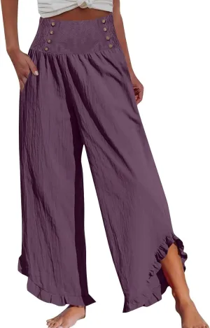 Wide Leg Linen Pants for Women Smocked Waist Straight Leg Ruffle Cuffs Loose Fit Palazzo Pant Casual Boho Beach