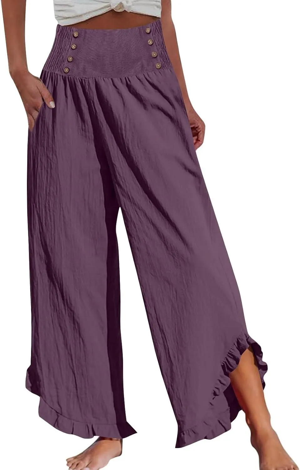Wide Leg Linen Pants for Women Smocked Waist Straight Leg Ruffle Cuffs Loose Fit Palazzo Pant Casual Boho Beach