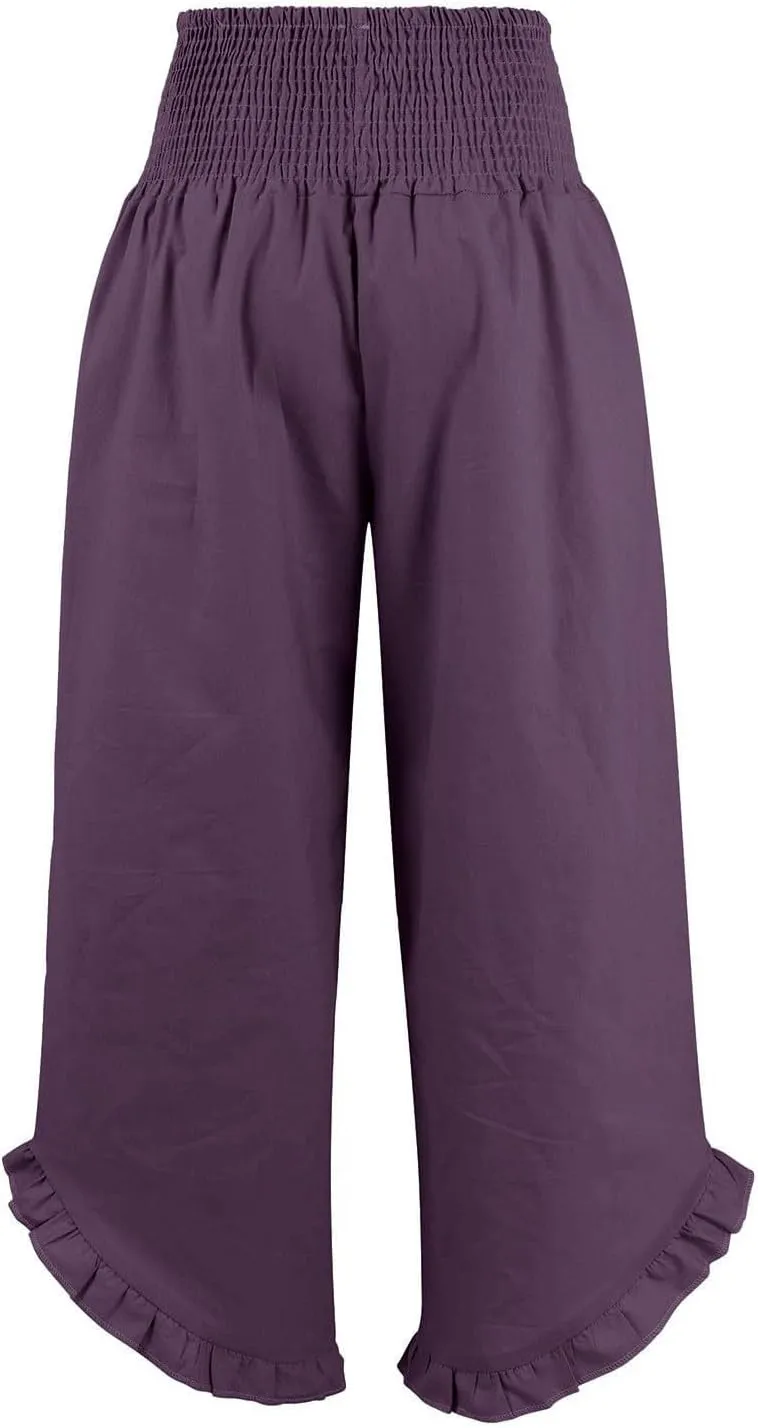 Wide Leg Linen Pants for Women Smocked Waist Straight Leg Ruffle Cuffs Loose Fit Palazzo Pant Casual Boho Beach